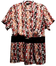 I.N. Studio 3X white pink chains print satiny v neck surplice short sleeve top