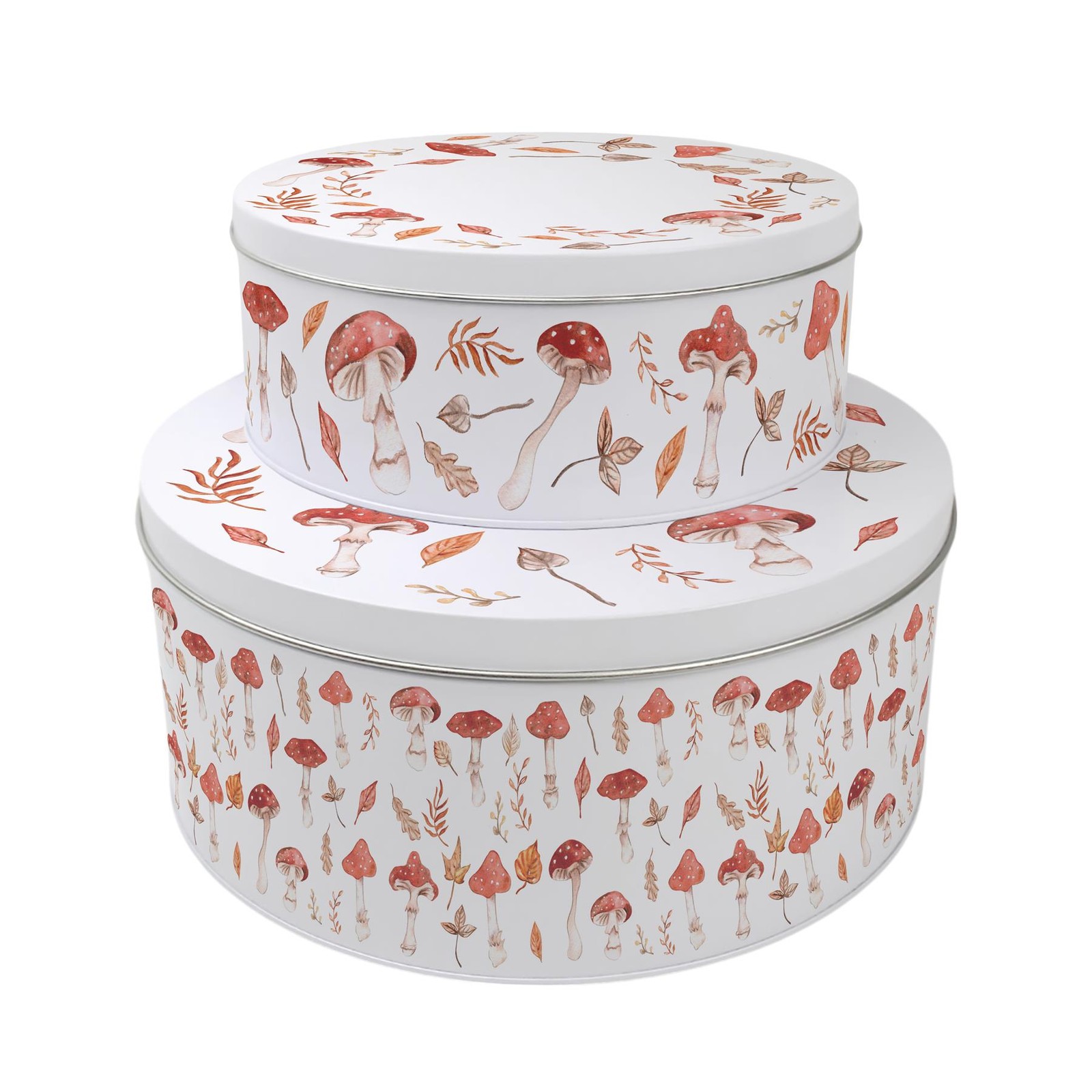 Set of 2 Watercolour Mushrooms Cake Tin - Round Metal Storage Gifts for Baking