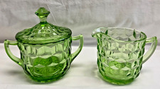 Green Uranium Depression Glass Creamer and Sugar Dish with Lid, Vintage