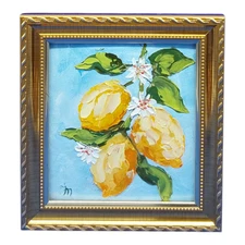 Lemon Branch Original Oil Painting Citrus Gold Framed 3D Art Handmade Wall Art