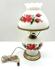Vtg Hurricane Milk Glass Parlor Lamp Hand Painted Red Rose Scalloped Works READ