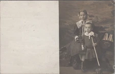 Siblings Toy Boat Ocean Backdrop In Sailor Suits 1910s Czech? RPPC Postcard