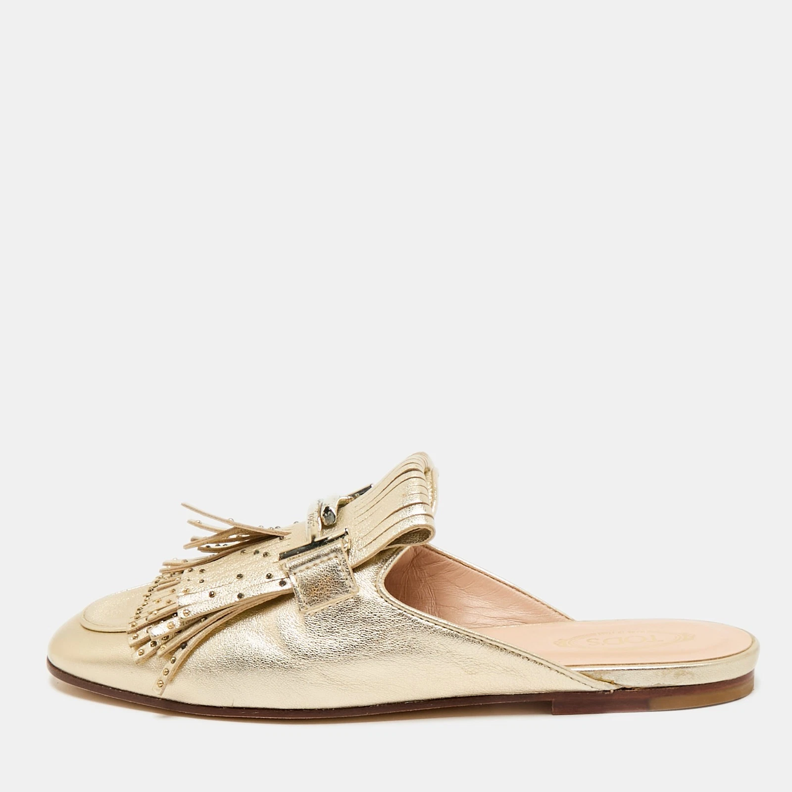 TOD’S Mules piatti Tod's in pelle metallizzata oro doppia T con borchie e frange misura 37 5