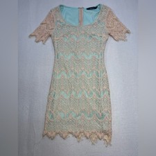 Ark & Co Lace Dress Small Light Blue Cream Crochet Overlay Boho Sheath