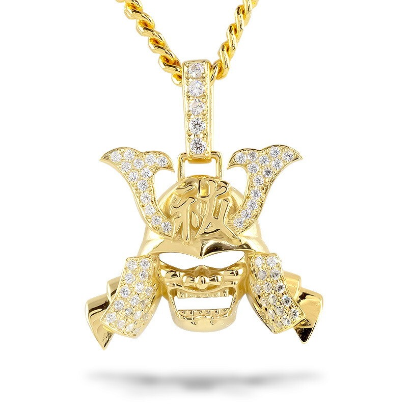 18K Gold Samurai Helmet Pendant Necklace with CZ for Men