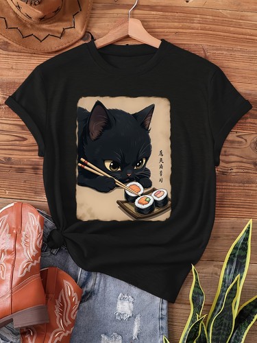 Women's Kawaii Cat Sushi Graphic T-Shirt Cute Japanese Food Anime Tee Top