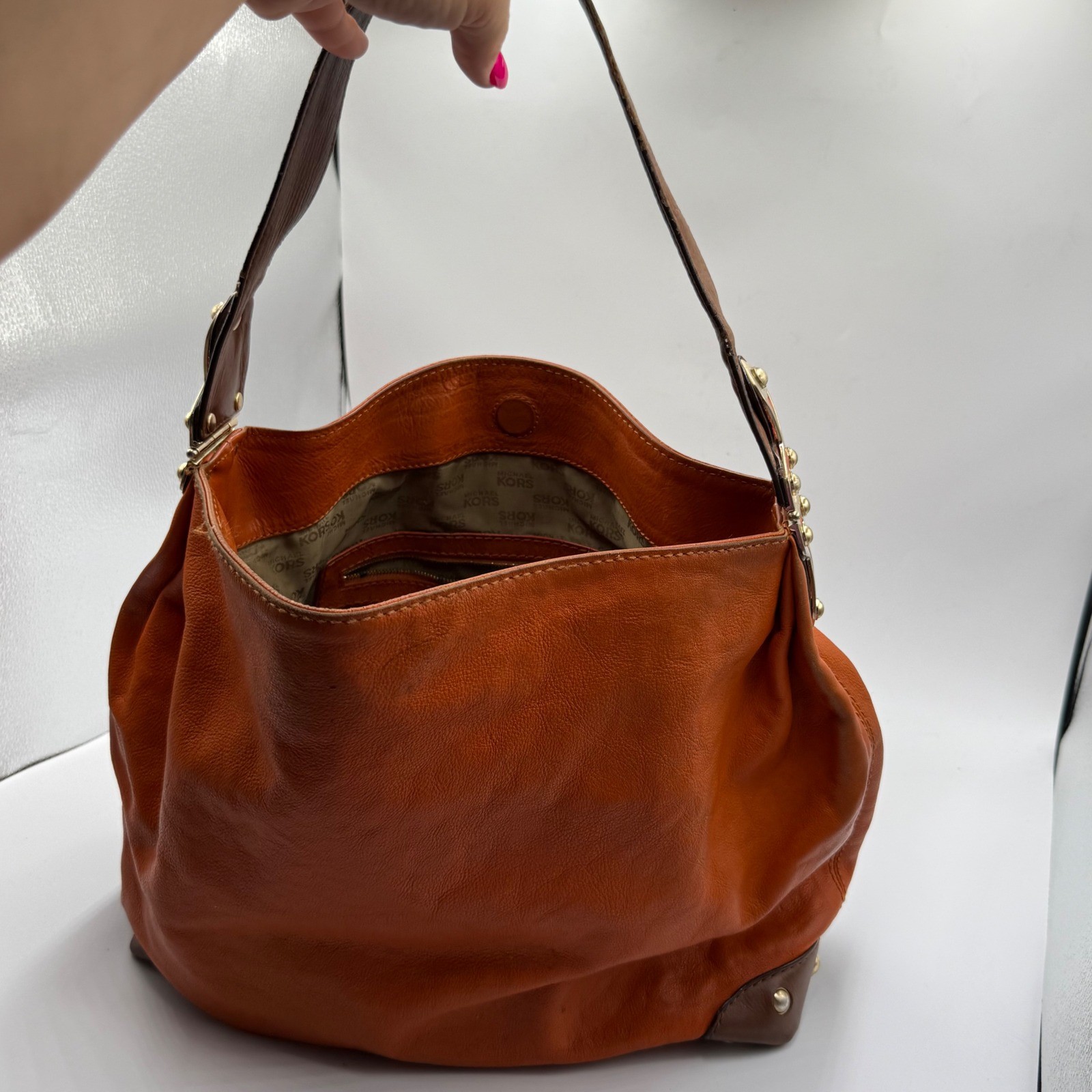 Michael Kors Leather Hobo Bag Large Orange Boho Chic Slouchy Shoulder Bag READ