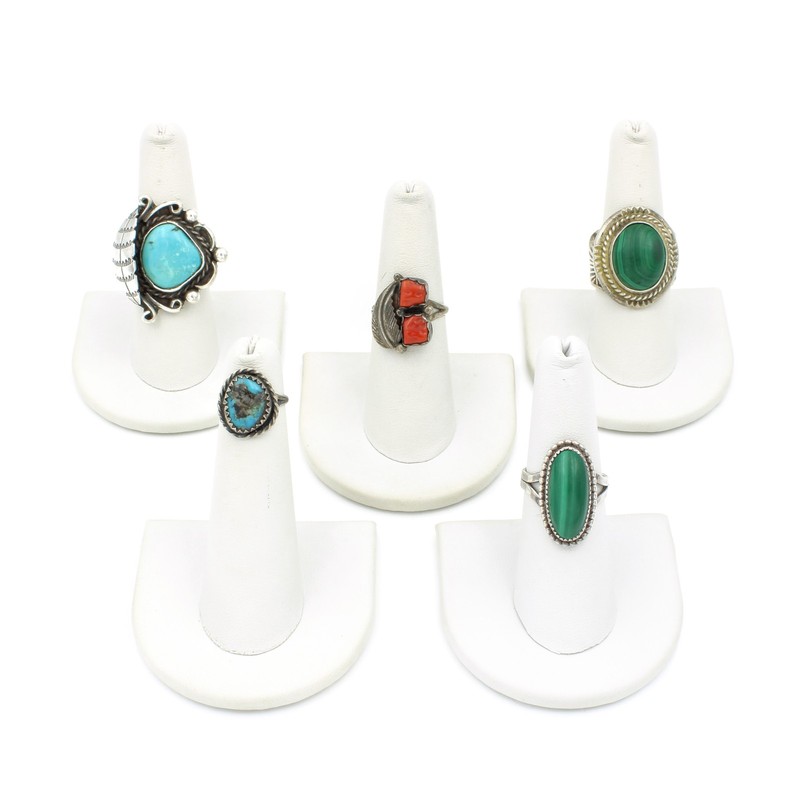Southwest Sterling Malachite Turquoise Red Coral 2-7.75 Rings Lot of 5 #S5319-4