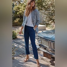 J. Jill Love Linen 100 Linen Rolled-Cuff Straight-Leg Pants Blue Size Medium