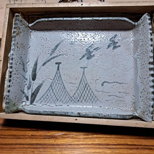 Nezumi Shino Japanese Edo Antique Square Sweets Plate Gray & White Pottery