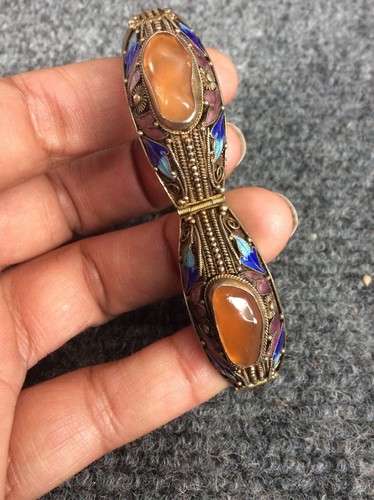 Beautiful  Antique Chinese sterling Silver Gilt enamel Carnelian Bracelet