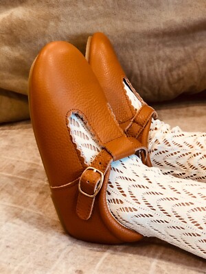 brown toddler dress shoes Little Girls Leather Dress Shoe Warm Brown Leather T Strap