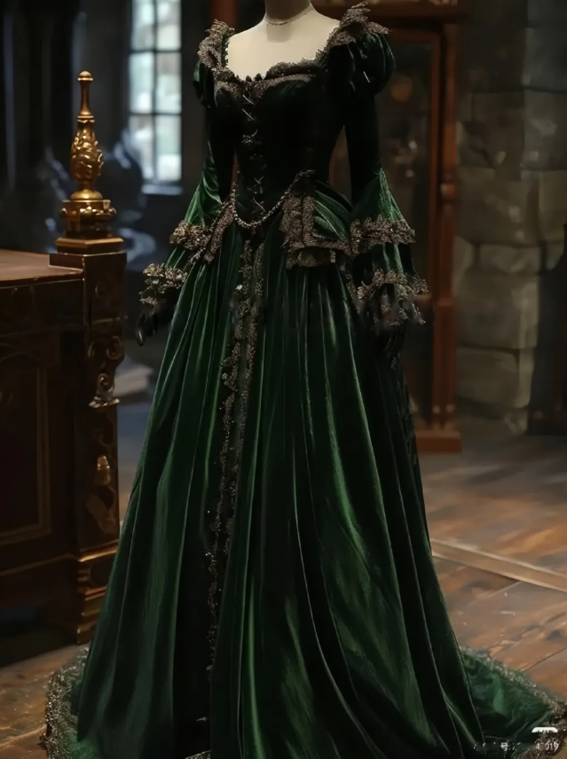 Vintage Dark Green Velvet Wedding Dresses With Long Sleeves Lace Appliques