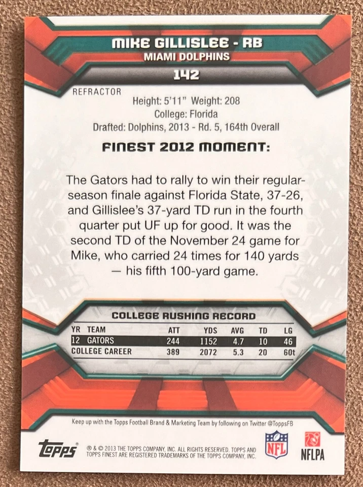 Mike Gillislee 2013 Topps Finest Gold Refractor Rookie #142 /75 Miami Dolphins - Image 2 of 2
