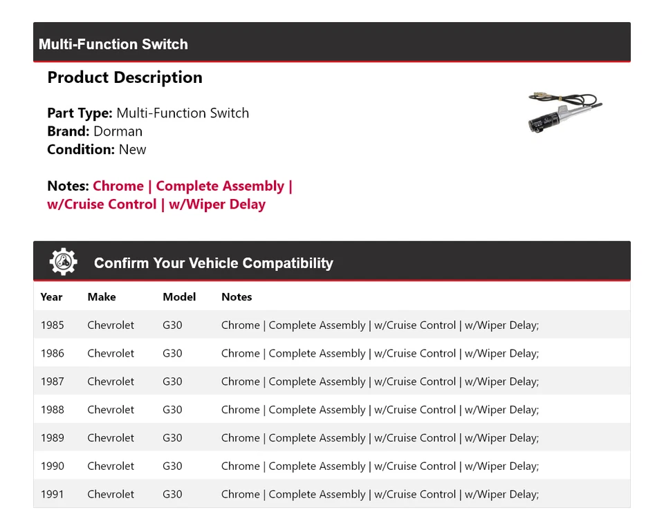 For 1985-1991 Chevrolet G30 Dorman Multi-Function Switch 1986 1987 1988 1989 - Image 2 of 4
