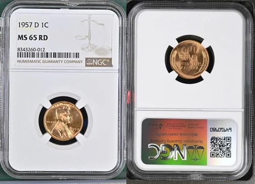 1957-D LINCOLN WHEAT CENT NGC MS65RD DETAILED COIN #F