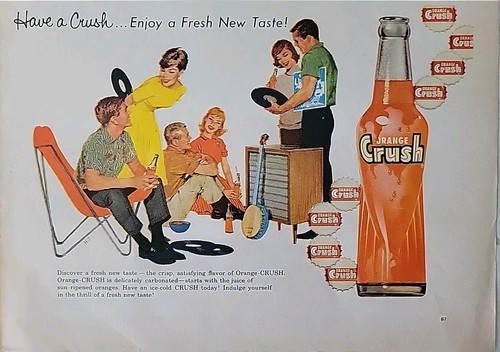 1960 Orange Crush soda bottle playing records vintage ad