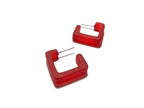 Dark Cherry Red Frosted Small Square Hoop Earrings - Picture 4 of 7