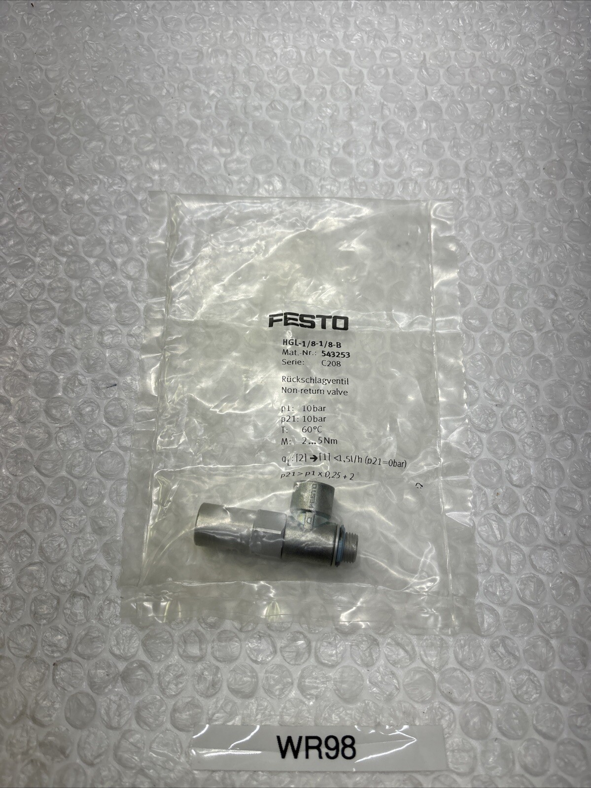 **New In Bag FESTO HGL-1/8-1/8-B 543253 Throttle Valve Fast Shipping &Warranty#