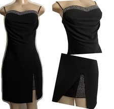 Nicole Bakti Cocktail Party Club Black Sexy Mini Dress Rhinestones Straps XS/S