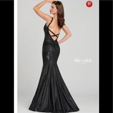 NEW Ellie Wilde Mon Cheri black glitter fit flare maxi gown dress EW120127 12