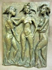 Mid Century Modern Art Sculpture Three Female Nudes signed Licht High Relief