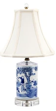 Blue, White Cylindrical Porcelain Chinoiserie Lamp. Hand Painted. With Lampshade