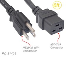 6ft NEMA 5-15P to IEC C19 14-AWG 3-Conductor UL SJT AC Server Power Cable