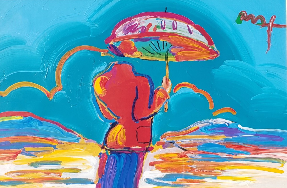 Peter Max ORIGINAL Art Umbrella Man at Sea Acrylic Mixed Media