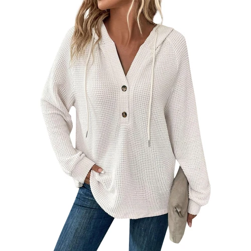 Women's hooded waffle knit button V-neck long sleeved sweater sweatshirt top- - Bild 41 von 43