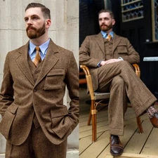 Men Suits Tweed Herringbone Regular Fit Notch Lapel Formal Tuxedos Wool Blend