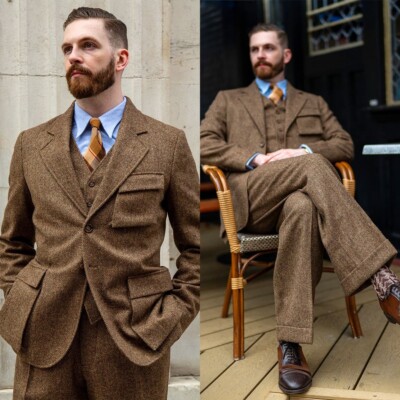 Men Suits Tweed Herringbone Regular Fit Notch Lapel Formal Tuxedos Wool Blend