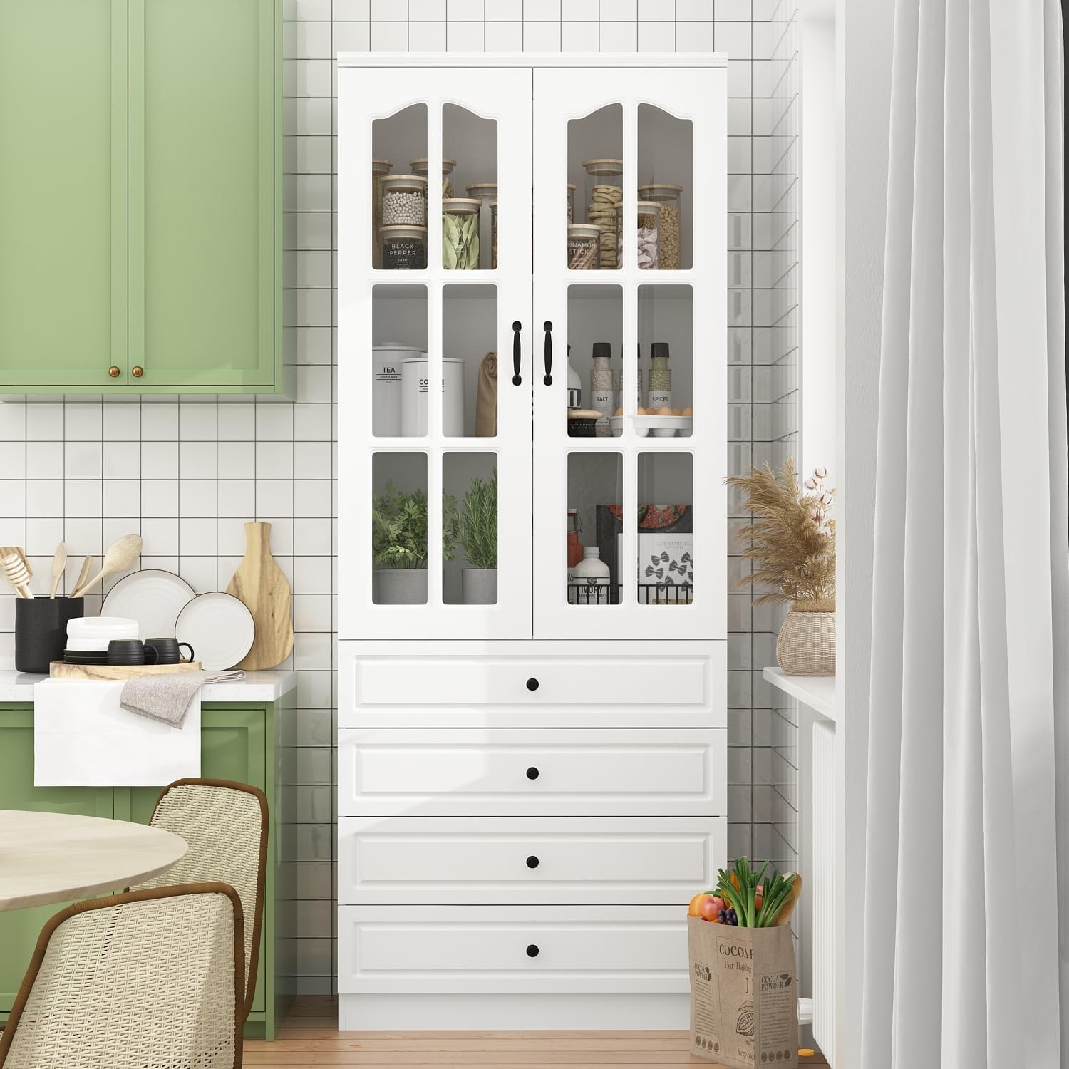 Kitchen Pantry Cabinet with 2 Glass Doors and 4 Drawers, Modern Pantry Storage