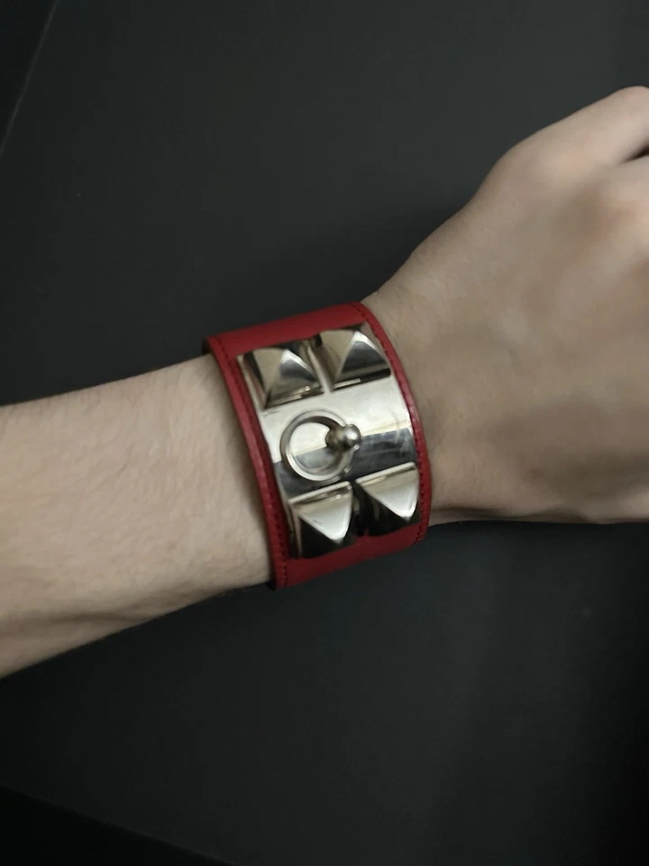 Pulseira de couro Hermes vermelha Collier de Chien tamanho P prata - Imagem 2 de 4