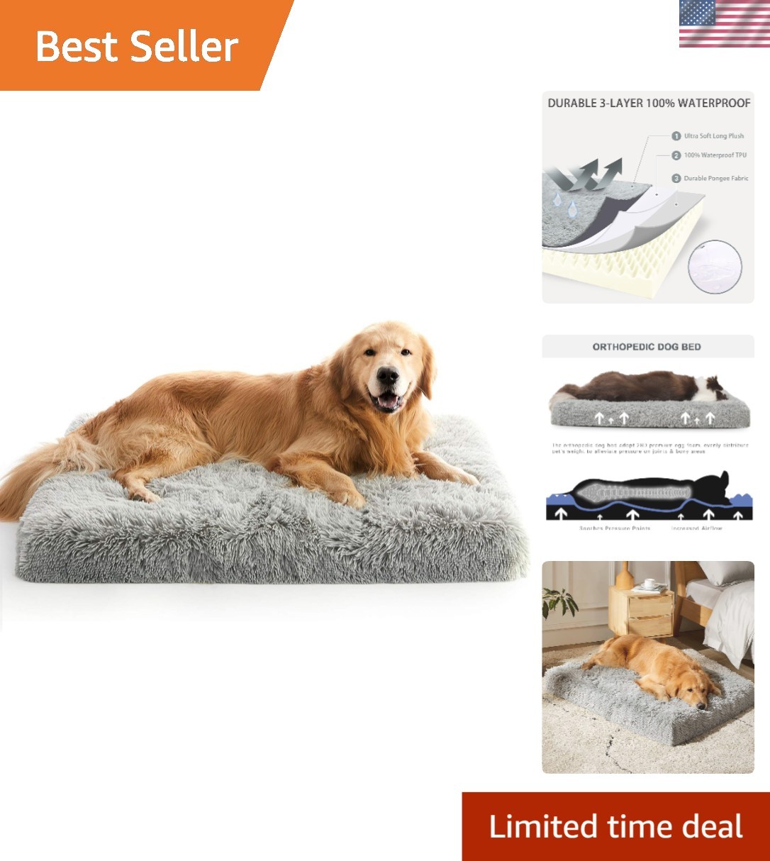 Extra Large Orthopedic Dog Bed with Waterproof Washable Cover 41x29 Inch Gray