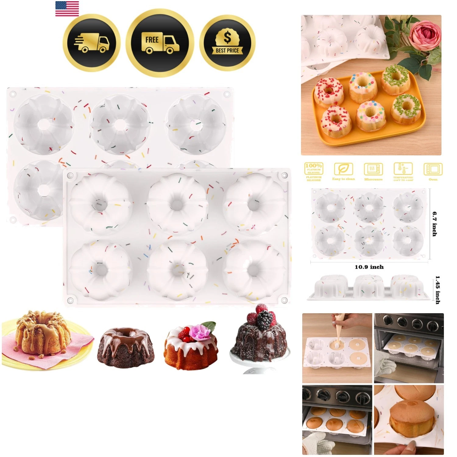 2 Pcs Mini Fluted Cake Pan, 6-Cavity Fluted Tube Cake Pan, Non-stick Silicone...