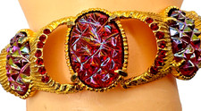 VTG Red 7”High End Bracelet Statement  Rare Well Made Prong Statement Gold Tone