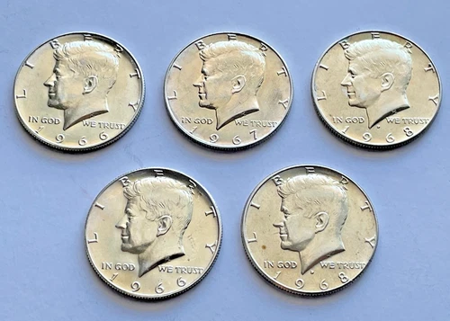 Lot of 5, 1966 - 1968 Kennedy Half Dollars Uncirculated 40% silver -- NIce!!