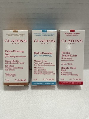 3 New Clarins skincare samples Extra Firming Eye Cream, Beauty Flash Peel, Mask