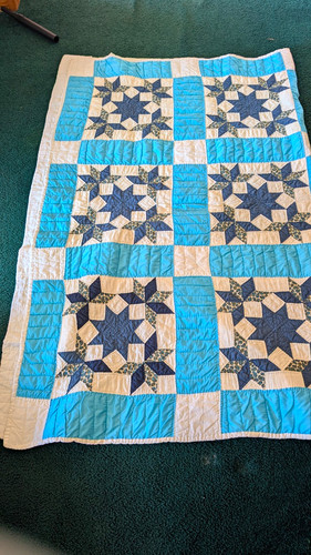 Vintage 100% Hand Stitched Blue Carpenter Star Quilt Handmade Patchwork Blanket