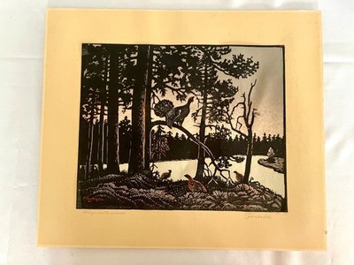 Per Engström Tjäderlek Original Woodcut Signed Swedish Capercaillie Forest Art