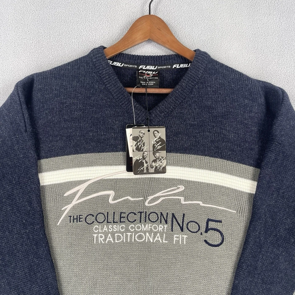 Vintage FUBU Sweater Mens L Gray Black Long Sleeve Acrylic Wool Blend Y2K NWT - Image 2 of 4