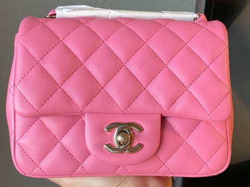 NEW CHANEL PINK Lambskin Leather Mini Square Flap Bag Gold HW