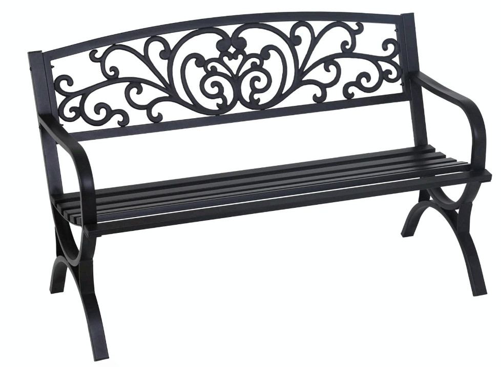 FDW 50" Outdoor Garden Bench Slatted Seat Floral Back Patio Black
