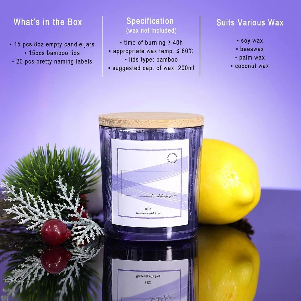  Paquete de 15 frascos de vidrio para hacer velas con tapas (8 oz, púrpura) - contenedores de velas   Foto 2 de 4