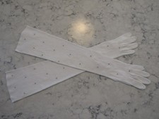 Vintage White Cotton 22" Opera Gloves-Rhinestone  Beads-Pearl Buttons-Sz 6 1/2