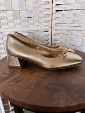 Hobbs London Ladies Gold Leather Court Shoes Mid-Block Heel Size 39/6 Bow Detail