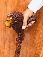 Lion Head Wooden Walking Stick Handcrafted Luxury Cane for Men, Decorative