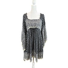 Free People Tunic Top Dress Medium Black Cream Boho Mixed Print Bell Sleeve