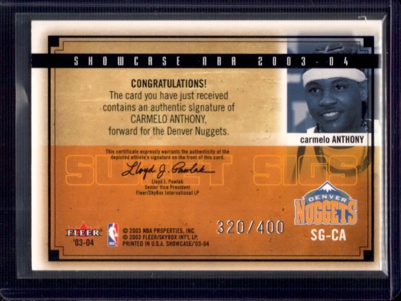 CARMELO ANTHONY 2003-04 Fleer Showcase Sweet Sigs RC Autograph Auto #320/400 - Image 2 of 2